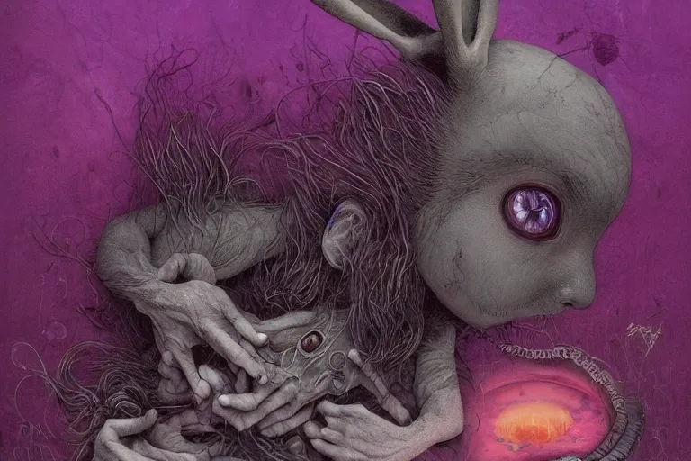 Image similar to Keeping you sane, And you fade away just enough, You felt the edge again, You took two pills And you fell asleep, Hugging six rabbits And having pink nightmares, concept art, trade on artstation, sharp focus, psychedelic, by Yoshitaka Amano, Mark Ryden, Zdzisław Beksiński, Gloom, Peter Mohrbacher, fantasy art, masterpiece, Hyperrealism. Subsurface scattering. Octane Render. Weirdcore