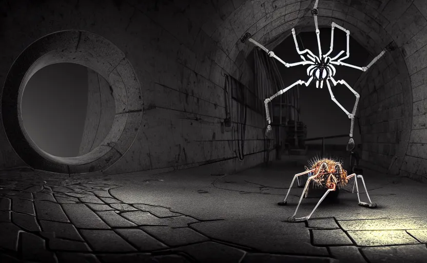 Image similar to mechanical spider in a sewer, ultra detailed digital art, fine drawing, hyper real, 4 k, moody lighting