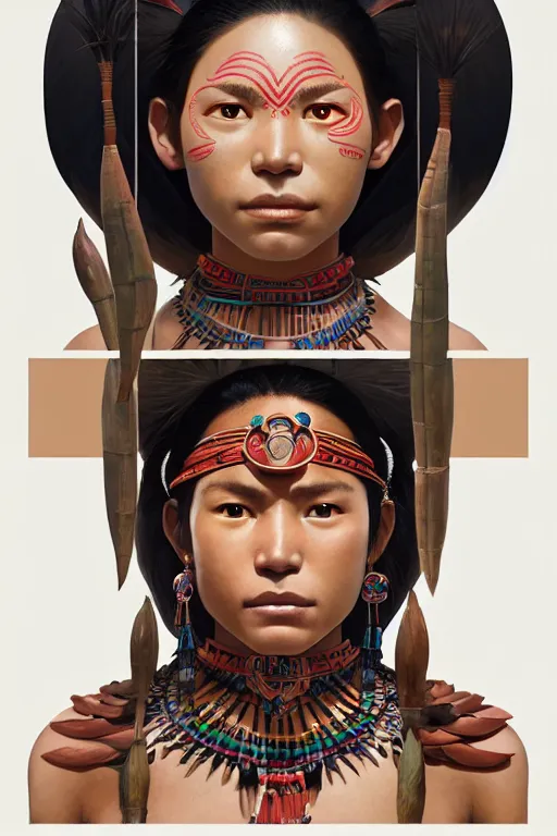 Image similar to woman of q'eros, peru amazon tribe, finely detailed perfect face, exquisite details, fire magic, mid view, design on a white background, by studio muti, greg rutkowski makoto shinkai takashi takeuchi studio ghibli