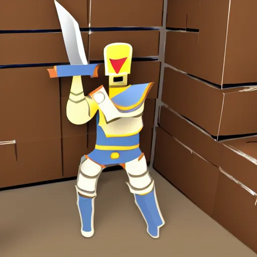 Prompt: cardboard boxman with cardboard armor, wielding a sword inside a kitchen