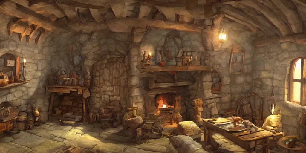 Image similar to medieval cottage interior, pixar animation