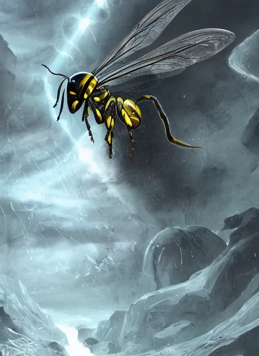 Image similar to photo of a crazy wasp, warped reality, cinematic lighting, fantasy landscape, artstation, art by alison watt, altichiero, americo makk, arthur hughes