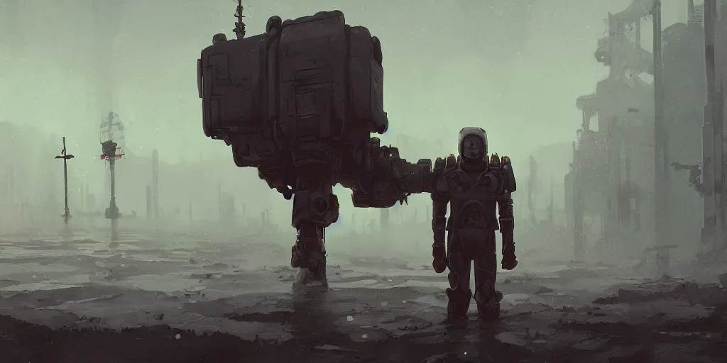 Prompt: scifi soldier with wolf head in heavy armor, forbidden west, liminal space around, puddles of water, by simon stalenhag, by ian pesty and alena aenami and makoto shinkai, concept art, matte painting, washed colors,