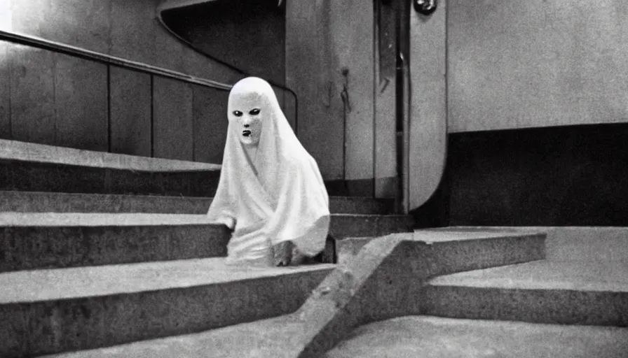 Image similar to 60s movie still of a white japanese female phantom bloody in an infinite stair, eastmancolor, heavy grain, high quality, higly detailed, liminal space