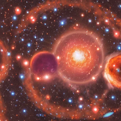 Prompt: army of balls with universes inside, hubble background, amazing, fire, 5 5 mm