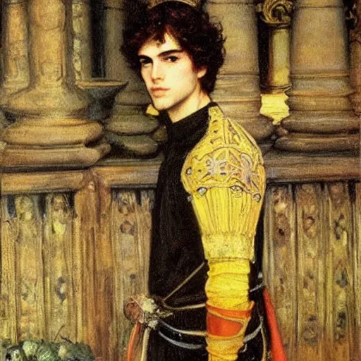 Prompt: painting of handsome beautiful medieval prince in his 2 0 s named shadow wearing a golden crown, elegant, soft facial features, clear, sharp focus, painting, stylized, art, art by john everett millais, john william waterhouse