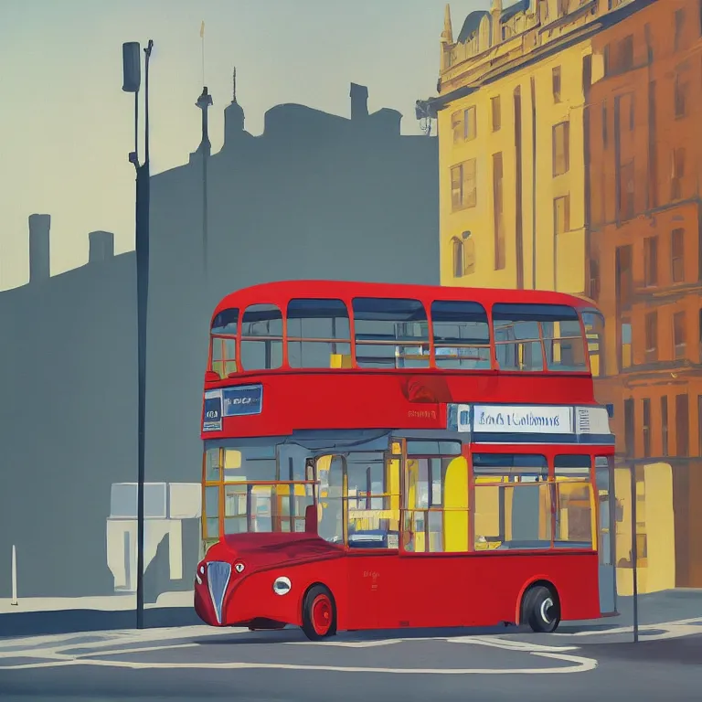 Prompt: London bus, painted by Edward Hopper, painted by James Gilleard, airbrush