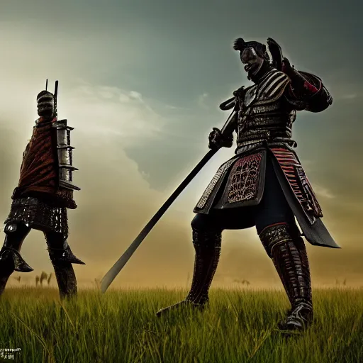 Prompt: giant samurai standing in a field opposite a small soldier, detailed digital artwork, symmetrical, highly detailed, highly accurate, deep aesthetic, 8 k, highly ornate intricate details, cinematic lighting, rich colors, ray tracing, hyperrealistic, photorealistic, cinematic landscape, trending on artstation,