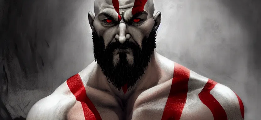 Prompt: a portrait of kratos from god of war, digital painting masterpiece, by ilya kuvshinov, by frank frazetta, by mœbius, by reiq, by hayao miyazaki, intricate detail, beautiful brush strokes, advanced lighting technology, 4 k wallpaper, interesting character design, stylized yet realistic anatomy and faces, inspired by kill bill animated scene