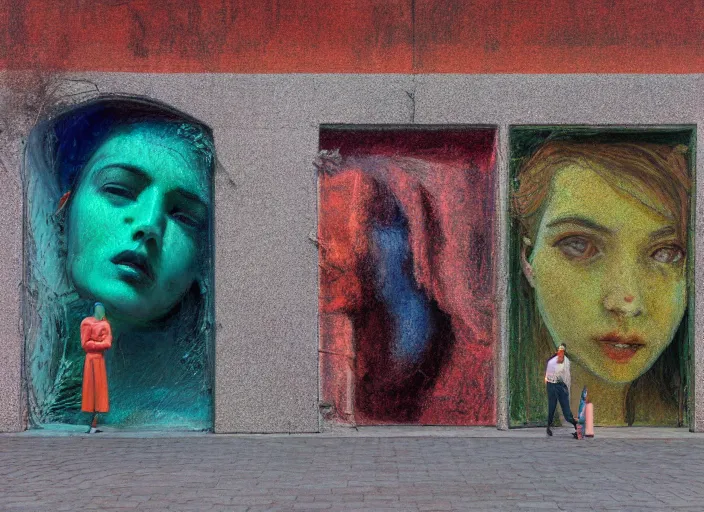 Image similar to people made of plastic and clay, neon advertisements, 3 d, exterior street, portrait face, dappled light, in the style of jeremy enecio, miles johnston, monet, cynical realism, yoshitaka amano, louise zhang, matt murphy, enes dirig, pekka halonen, finnish naturalism, realism