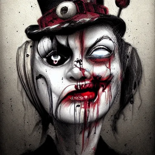 Image similar to surrealism grunge cartoon portrait sketch of harley quinn, by michael karcz, loony toons style, freddy krueger style, horror theme, detailed, elegant, intricate