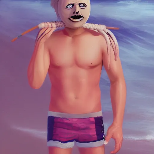 Prompt: Michael Meyers on the beach in swimming trunks with pineapple design holding a pink flamingo volleyball, hyperdetailed, artstation, cgsociety, 8k