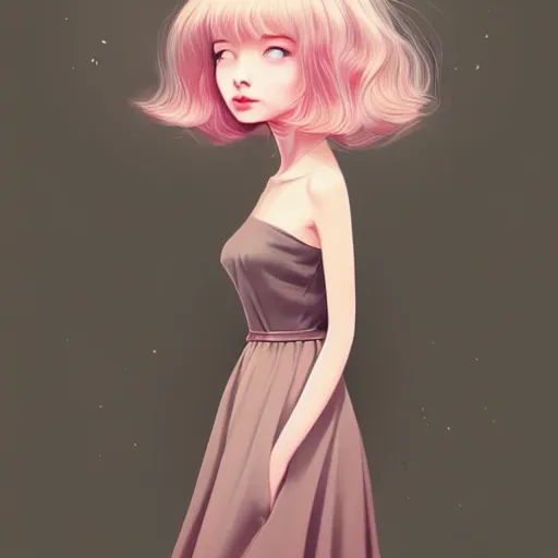 Image similar to young female in summer dress art, pastel light pink long hair, muted colors, matte print, pastel colors, ornate, digital art, digital painting, fan art, elegant, artstation, head is centered, by Ilya Kuvshinov