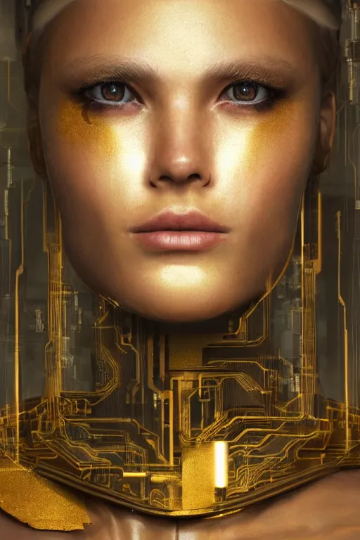 Image similar to Kodak Portra 400, 8K, soft light, volumetric lighting, highly detailed, britt marling style 3/4 ,portrait photo of a beautiful cyborg woman with gold , cyberpunk,sci-fi, fantasy, intricate, elegant, highly detailed, digital painting, artstation, concept art, smooth, sharp focus, illustration, art by artgerm and greg rutkowski and alphonse mucha