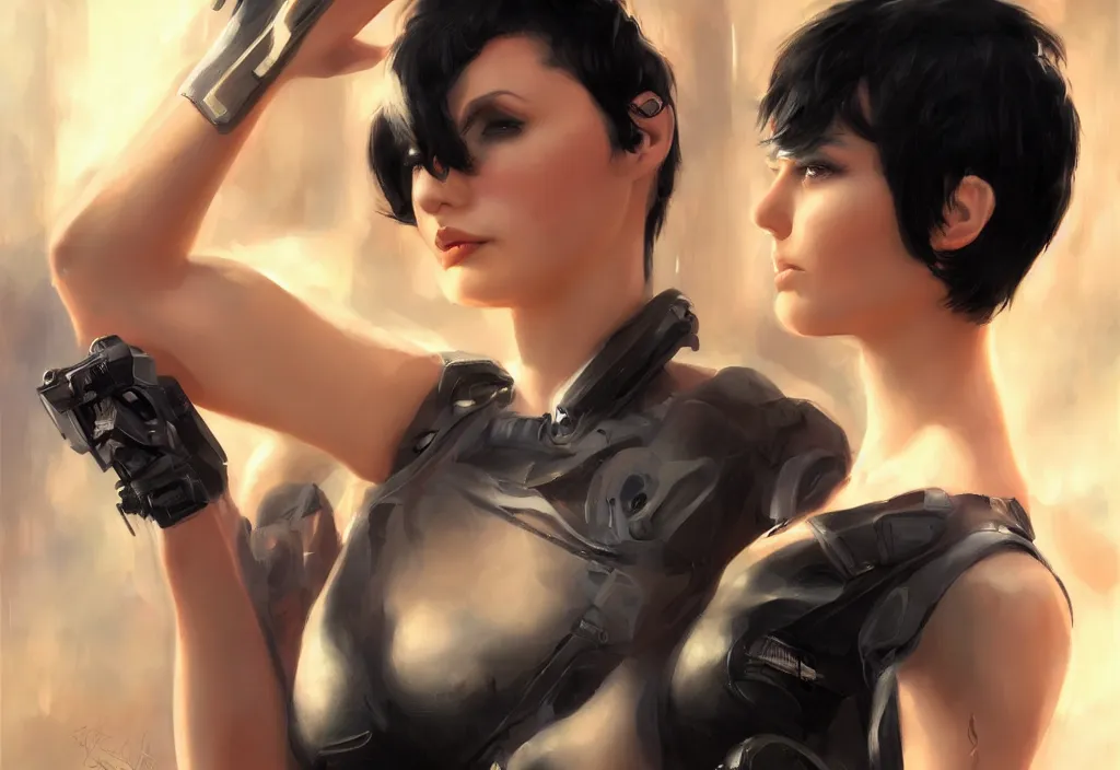 Prompt: a portrait of a beautiful girl, short black hair, pixie hair cut, cyberpunk style, futuristic, realism, photorealism, wide shot, dramatic lighting, digital art, 8k resolution, high detail, by Boris Vallejo