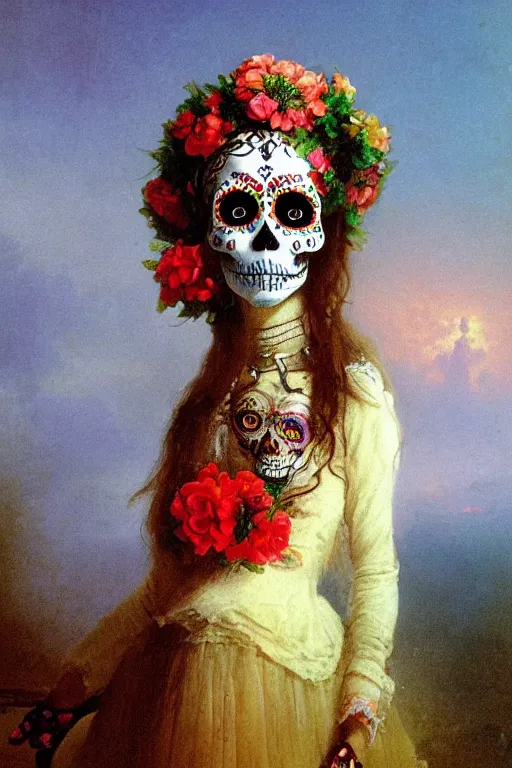 Prompt: illustration of a sugar skull day of the dead girl, art by Ivan Aivazovsky