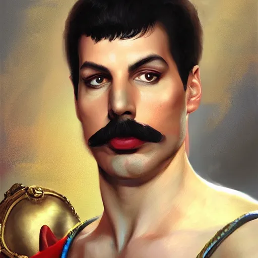 Image similar to portrait of freddie mercury playing super mario, fantasy, intricate, elegant, highly detailed, digital painting, artstation, concept art, matte, sharp focus, illustration, art by aenaluck and roberto ferri and greg rutkowski, epic fantasy, digital painting