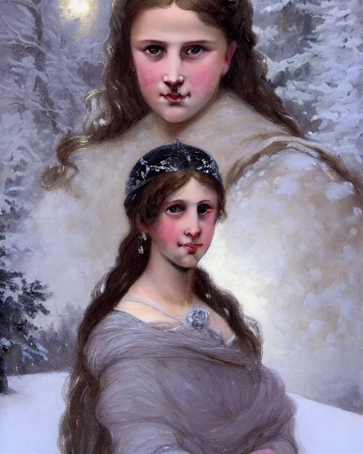Prompt: a portrait painting of a shy, blushing 1 6 - year old alicia vikander or millie bobby brown as a princess of the ice and snow, in a snowy setting at night, intricate, elegant, highly detailed, artstation, concept art, by krenz cushart and donato giancola and william adolph bouguereau and alphonse mucha