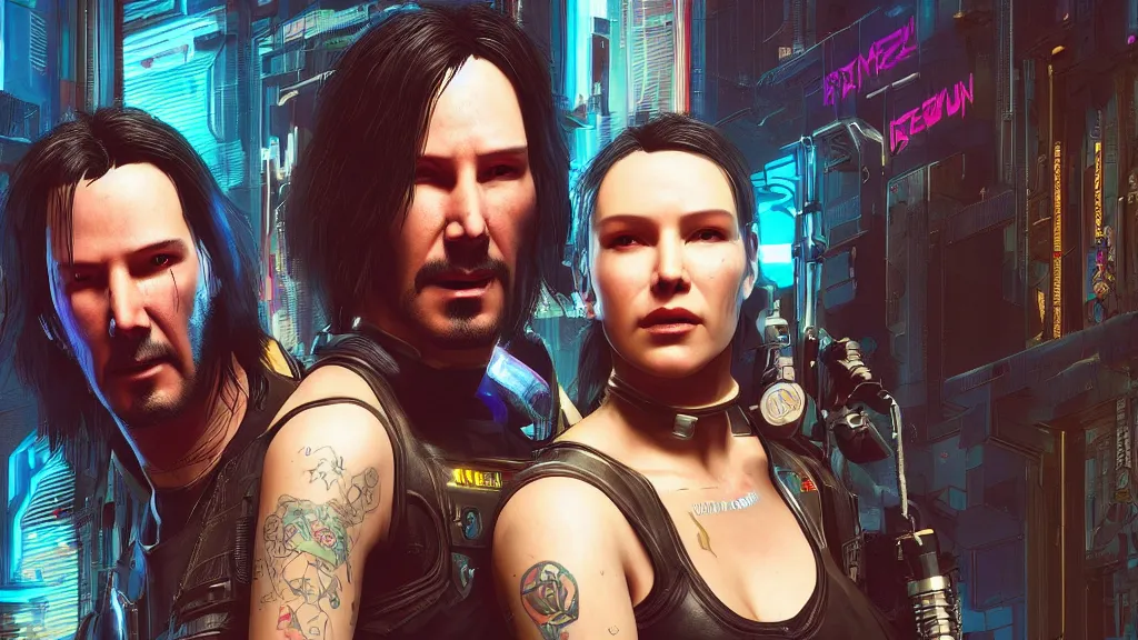 Image similar to a cyberpunk 2077 srcreenshot couple portrait of a Keanu Reeves and a female android,love,film lighting,by Laurie Greasley,Lawrence Alma-Tadema,Dan Mumford,John Wick,Speed,Replicas,artstation,deviantart,FAN ART,full of color,Digital painting,face enhance,highly detailed,8K,octane,golden ratio,cinematic lighting