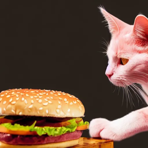 Image similar to photo of a pink cat with pink fur, eating a hamburger, biting a hamburger