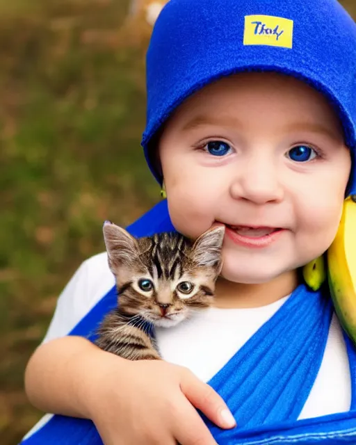 Prompt: banana wearing a cobalt blue vilt hat and wearing a baby sling with a kitten inside, color studio portrait, golden ratio, backlit, happy, detailed eyes