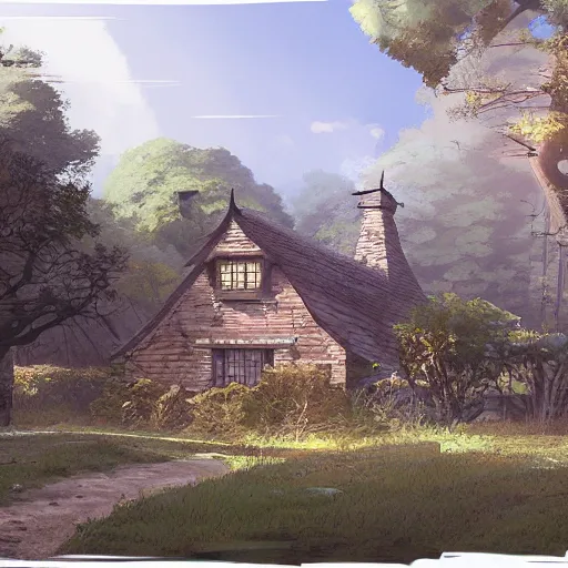 Image similar to concept art painting of an english european cottage with japanese architecture, in the woods, cozy, realistic, detailed, cel shaded, in the style of makoto shinkai and greg rutkowski and james gurney