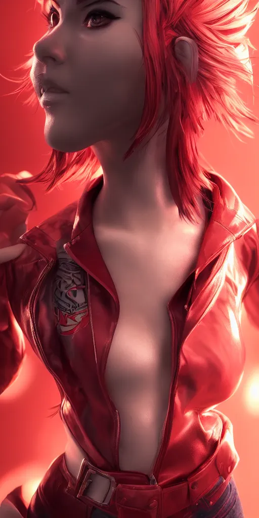 Image similar to a girl with short red hair, cool, vi from arcane, league of legends, fighter, cool red jacket, tattoo, beautiful, 3 d, potrait, art staion, studio light, closeup shot, octane render, wlop, realistic, neon