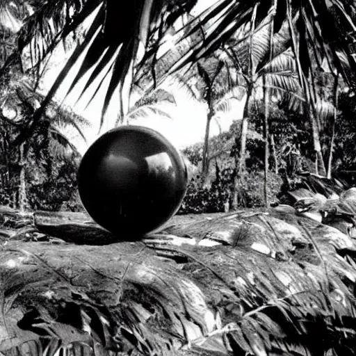 Prompt: a rizom lost film footage of a ( ( ( ( ( ( ( ( sphere ) ) ) ) ) ) ) ) in the middle of the tropical jungle / tripicalism / film still / cinematic / enhanced / 1 9 2 0 s / black and white / grain