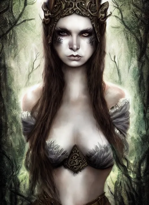 Prompt: medieval female warrior, green eyes, dark forbidden forest, wolves, white cat, in the style of Lecouffe-Deharme and Natalie Shau