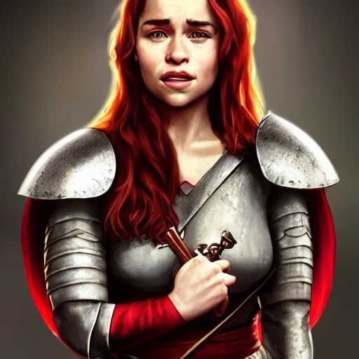 Image similar to emilia clarke, as a medieval fantasy character, with dark reddish hair, wearing light, silver armor and red clothing, tan complexion, holding a longsword, smiling, noble, cinematic, gloomy, realistic, digital art, character art, 8 k