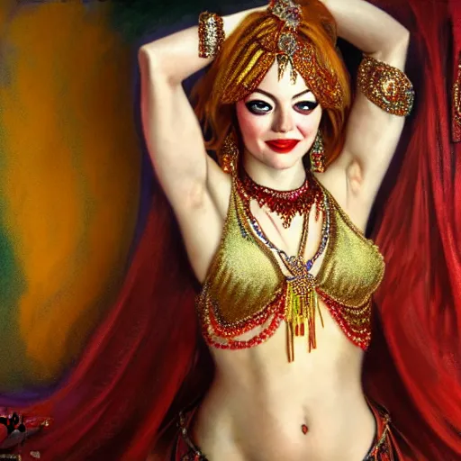 Image similar to a photorealistic portrait of actress emma stone dressed as a belly dancer, arabian night, high quality, fully detailed, 4 k, in focus sharp face with fine details, realistic hands and anatomical composition, inspired by belly dancer on youtube, alphonse mucha, masterpiece, stunning