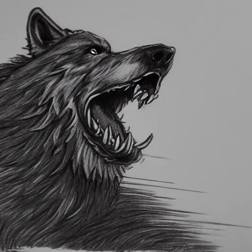 Image similar to giant armored war wolf howling to the sky, grayscale, hyperrealistic pencil sketch, cinematic, trending on artstation