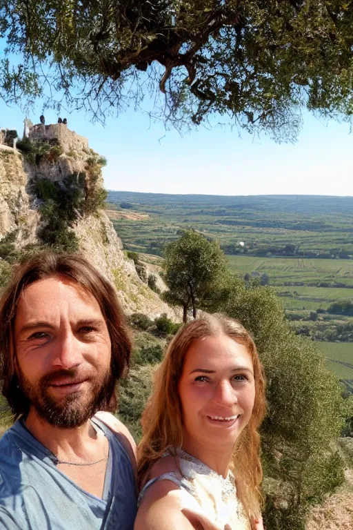 Image similar to selfie from a mobile phone of jesus and mary magdalene standing on a cliff looking over a beautiful landscape in france, languedoc, award winning photo, very detailed, very realistic