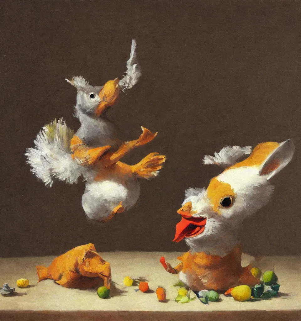 Prompt: still life painting of a fish rabbit dancing with an angry duck on a white table, high contrast lighting, impressionism