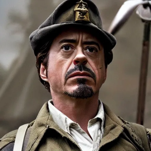 Prompt: robert downey jr as a black character in a war movie, cinematic still
