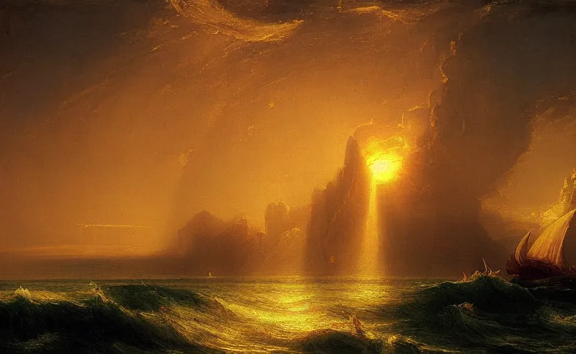 Image similar to a city of light and gold under the ancient runs of the ocean painted by thomas cole