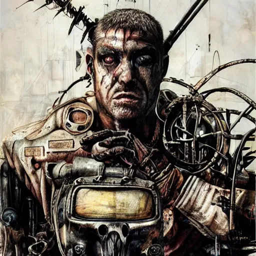 Image similar to mad max the road warrior by brendan mccarthywires cybernetic implants, steelpunk, abandoned steelworks, grime and grunge, in the style of adrian ghenie, esao andrews, jenny saville,, surrealism, dark art by james jean, takato yamamoto