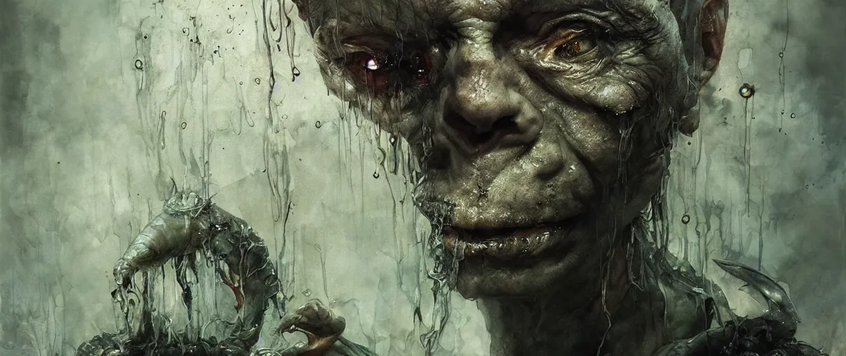 Image similar to portrait of gollum eating fish from witcher 3 by emil melmoth zdzislaw beksinki craig mullins yoji shinkawa realistic render ominous detailed photo atmospheric by jeremy mann francis bacon and agnes cecile ink drips paint smears digital glitches glitchart