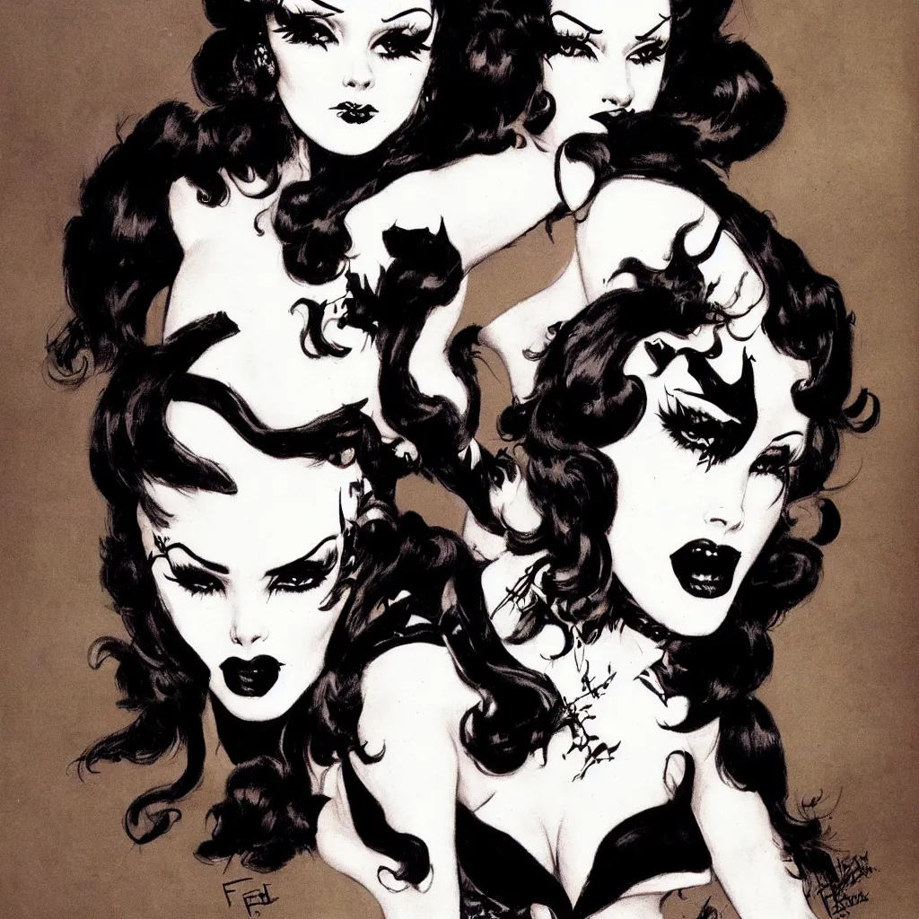 Image similar to of a goth girl burlesque psychobilly, rockabilly, punk, black hair, detailed face, white background, drawing, illustration by frank frazetta