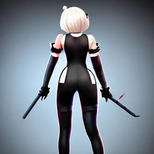 Image similar to portrait of 2B nier automata as harley quinn wearing skintight clothes from behind, trending on artstation, artstationHD, artstationHQ