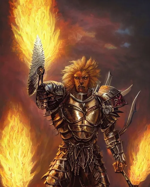 Prompt: mtg character portrait of a brawny male leonin knight african lion angel of justice, with fiery golden wings of flame! wearing shining plate armor, wielding flaming sword and holding large glowing shield, by peter mohrbacher, wadim kashin, greg rutkowski, larry elmore, george pemba, ernie barnes, raymond swanland, magali villeneuve, trending on artstation