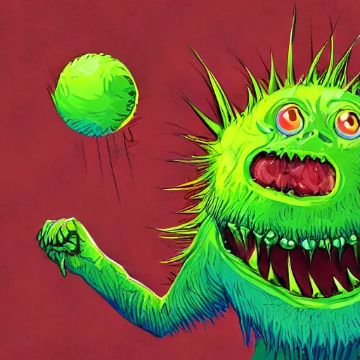 Image similar to a screaming tennis ball monsters, startled surprised face, oh shit face, colorful, digital art, fantasy, magic, chalk, trending on artstation, ultra detailed, professional illustration by basil gogos