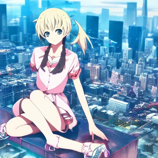 Prompt: Key Anime Visual a macro anime girl sitting on a miniature manhattan, official modern anime