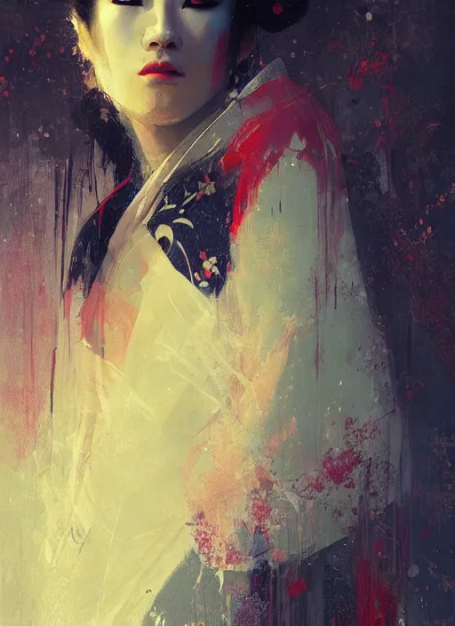 Image similar to female geisha girl, beautiful face, neon, rule of thirds, intricate outfit, spotlight, by greg rutkowski, by jeremy mann, digital painting