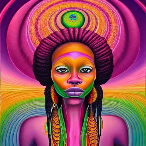 Image similar to a regal and heroic african queen with colorful dreadlocks sitting in a cabana near a pink river with a large glowing baobab tree in the center, by amanda sage and alex grey and evgeni gordiets in a surreal psychedelic style, symmetrical, detailed eyes, oil on canvas 8k, hd