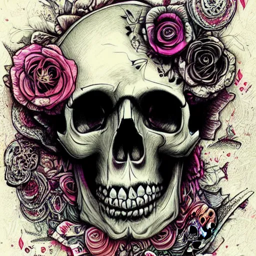 Image similar to a skull with floral accents by android jones