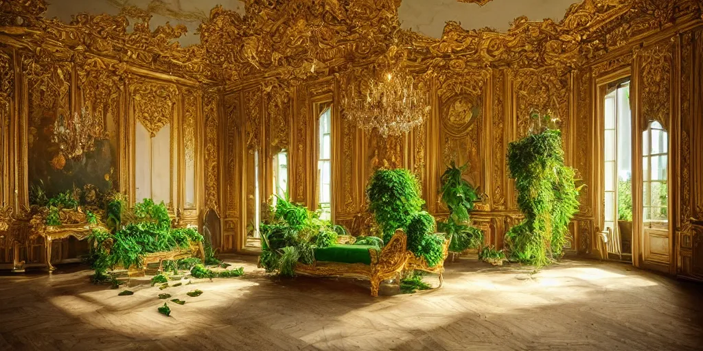 Image similar to a dream about Mallard Duck with a green head inside an opulent, ornate, abandoned overgrown Palace of Versailles, lush plants growing through the floors and walls, walls are covered with vines, beautiful, dusty, golden volumetric light shines through giant broken windows, golden rays fill the space with warmth, rich with epic details and dreamy atmosphere