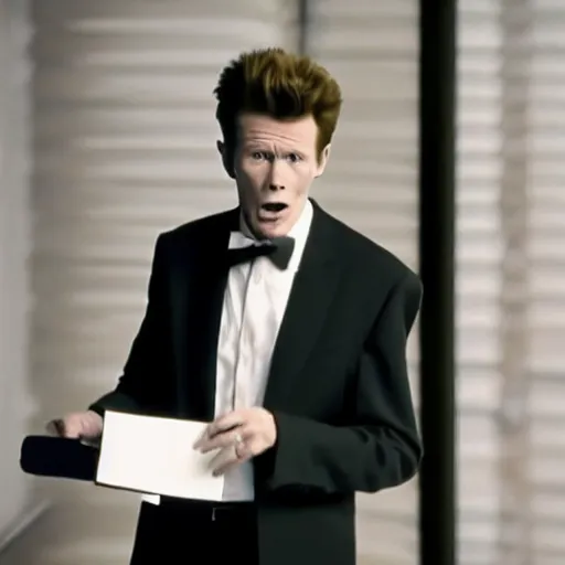 Prompt: Willem Dafoe as Rick Astley in 'Rickroll' (2018), cinematic shot, award winning cinematography, movie still frame