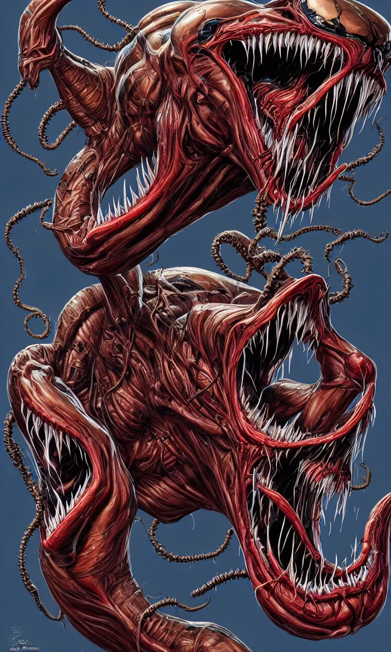 Image similar to hyper realistyc anatomically acurate full body long shot venom from marvel comics!!!!, large mouth with teeth, lovecraftian horror, fantasy, intricate, elegant, highly detailed, digital painting, artstation, concept art, matte, sharp focus, illustration, art by glenn fabry