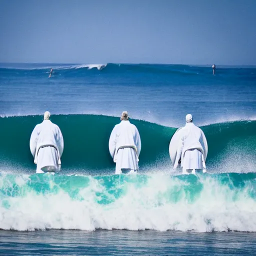 Image similar to worshippers in white robes belonging to the cult of the surfers, surfing in waves, standing on surfboards, surfing in the face of a tsunami, high detailed colors, bright deep blue